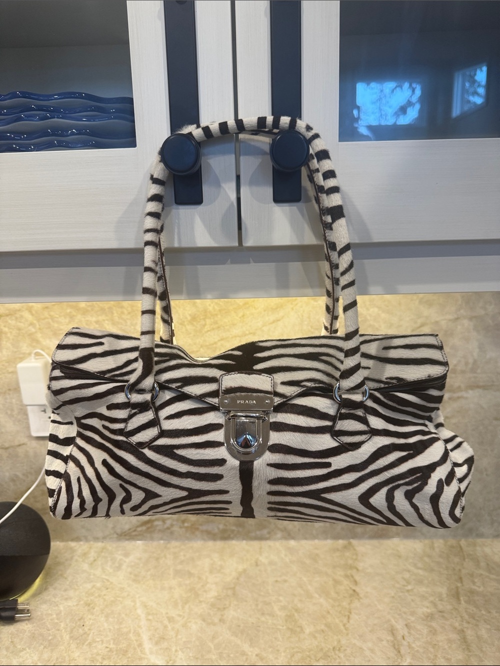 Prada Zebra-Print faux fur Canvas Top-Handle Shoulder Bag - Black & White
